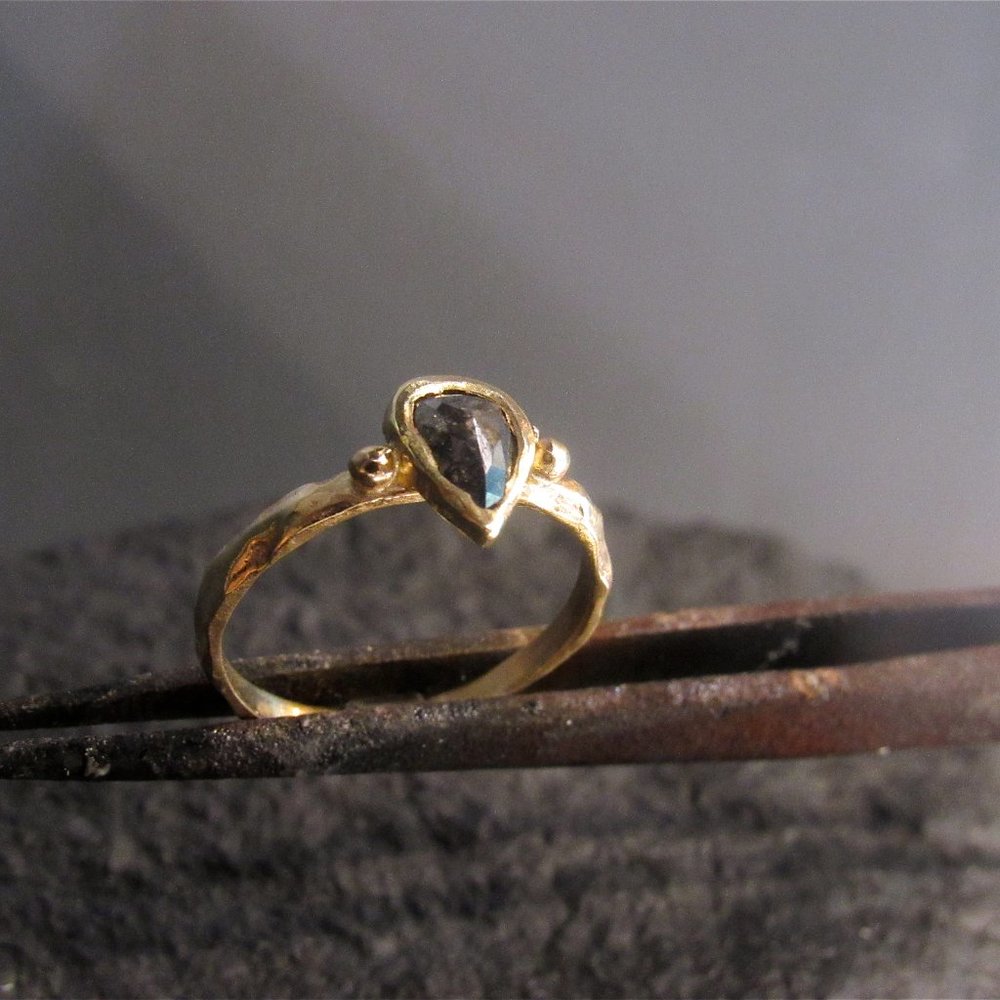 14K Yellow Gold Pear Shape Raw Diamond Engagement Ring – Unconventional Handmade